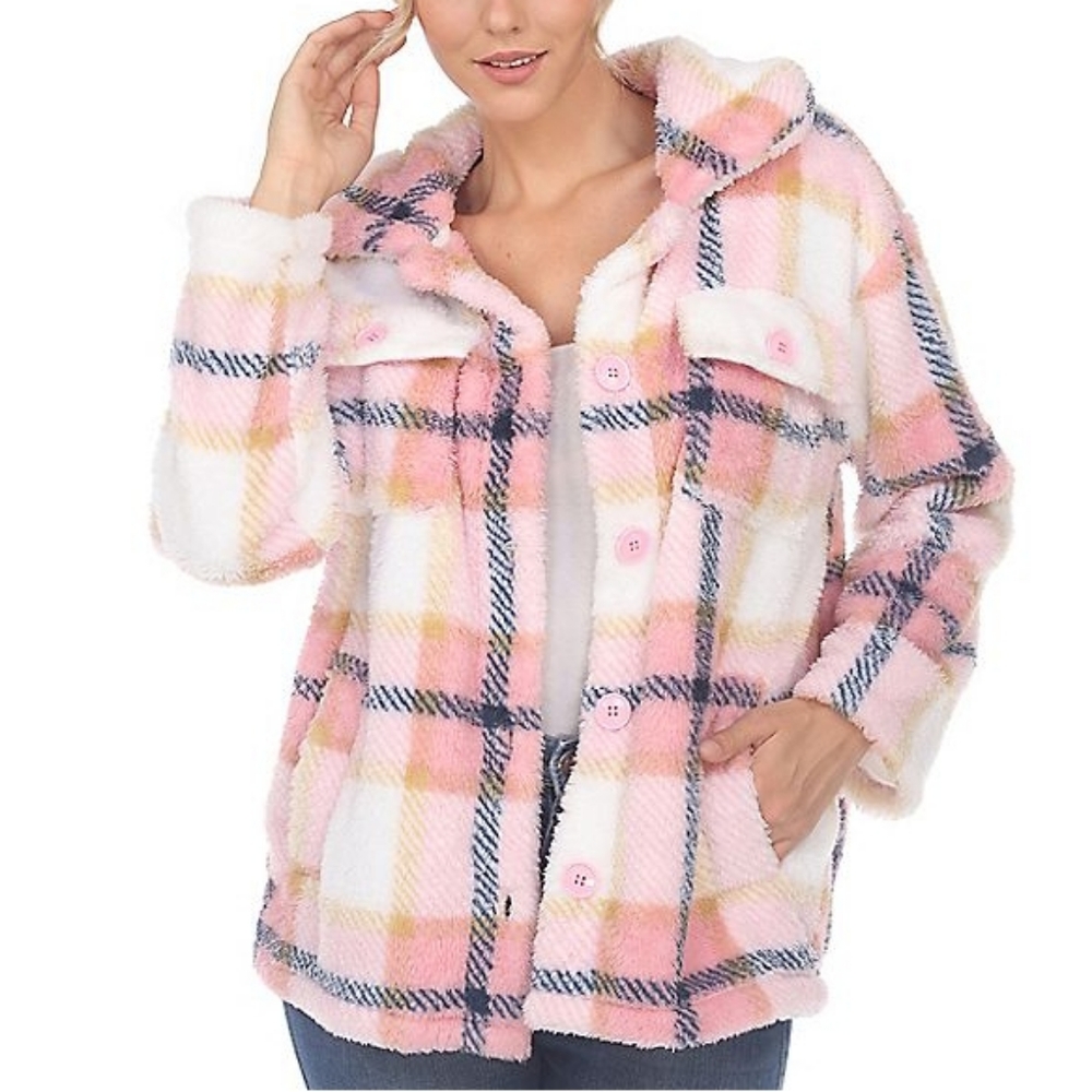 💕NEW! Fleece Plush Pink Plaid Shacket Shirt Jacket Button Down Lined Thick Warm - Picture 2 of 10